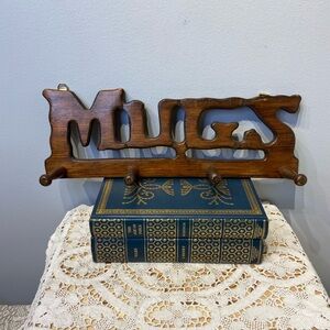 Vintage Wood MUGS 4 Pegs Wall Mug Rack